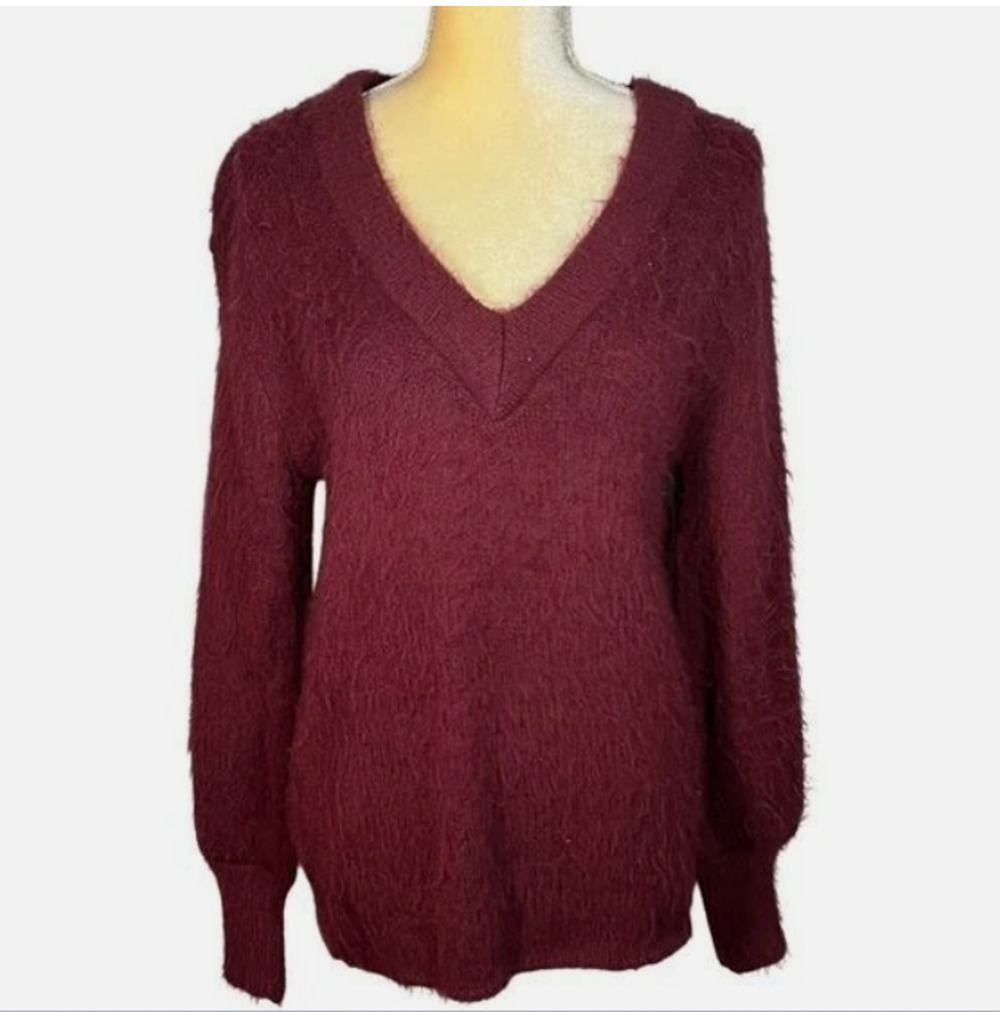 BP Fuzzy V Neck Sweater SMALL new winter oversized Knit burgundy vine wine